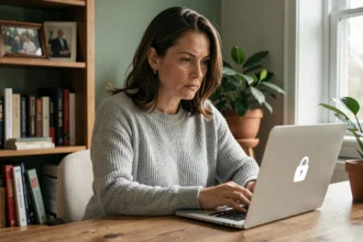 Femme travaillant sur un ordinateur portable sécurisé dans un bureau à domicile, symbolisant la protection des données personnelles en ligne