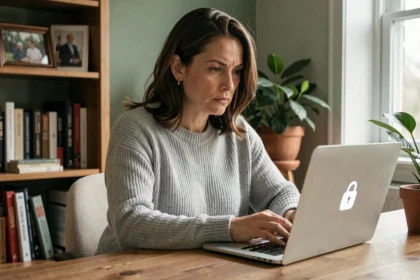 Femme travaillant sur un ordinateur portable sécurisé dans un bureau à domicile, symbolisant la protection des données personnelles en ligne