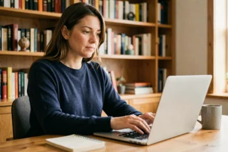 Femme utilisant un ordinateur portable dans un bureau à domicile pour gérer la sécurité de ses mots de passe