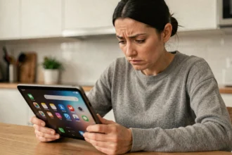 Femme frustrée tenant une tablette Samsung gelée dans une cuisine moderne, illustrant un problème de blocage d'écran nécessitant un reset