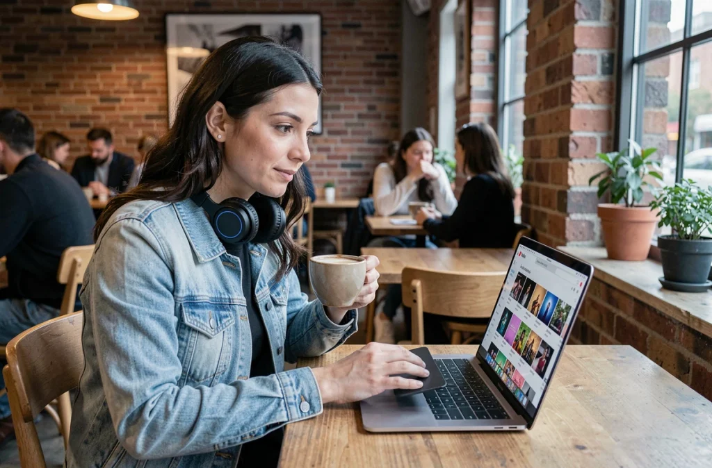 Femme avec des écouteurs utilisant un service de téléchargement de musique YouTube dans un café
