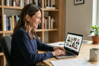 Femme en télétravail utilisant une application de visioconférence sur son ordinateur portable dans un bureau à domicile