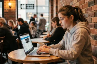 Jeune femme utilisant un ordinateur portable connecté à un réseau wi-fi public dans un café urbain, illustrant les risques de cybersécurité