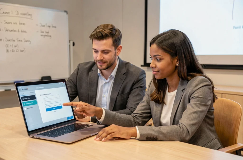 Deux collègues en formation sur la configuration de l'authentification à double facteur en salle de réunion