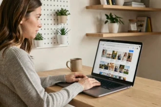 Femme utilisant Google Photos sur MacBook pour classer ses photos personnelles depuis son bureau à domicile