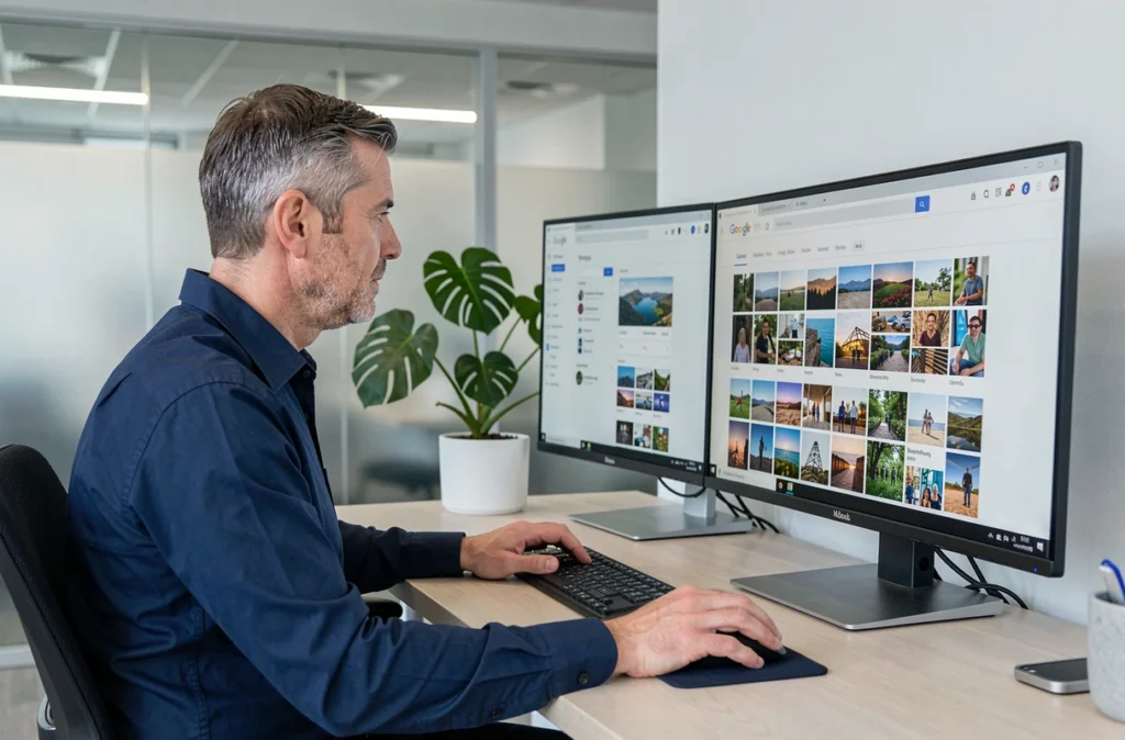 Homme classant des photos sur Google Photos via un PC Windows dans un espace de travail professionnel moderne