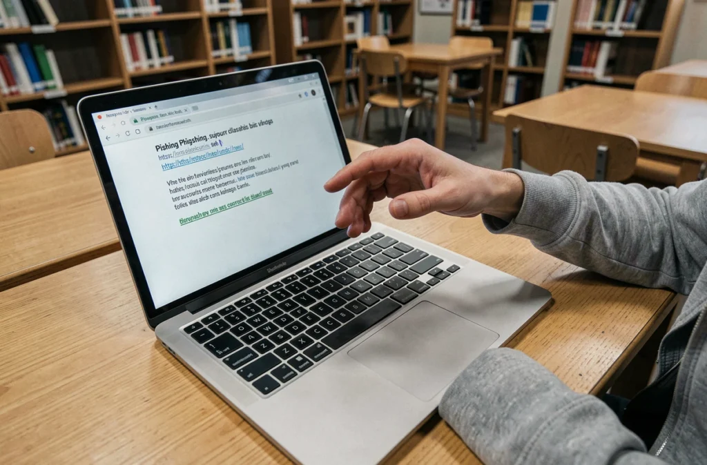 Gros plan sur un email de phishing affiché sur un ordinateur portable avec des mains hésitantes au-dessus du clavier, menace cybersécurité par IA