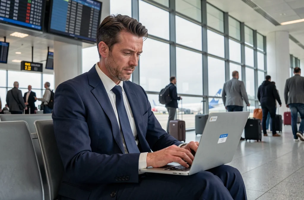 Homme d'affaires connecté à un réseau wi-fi public dans un aéroport, exposé aux risques de cyberattaques et d'interception de données