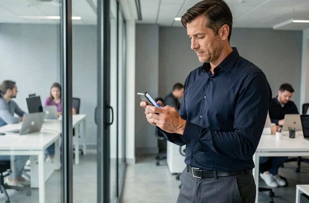 Homme vérifiant une authentification à deux facteurs sur smartphone dans un bureau moderne, pratique de cybersécurité au travail
