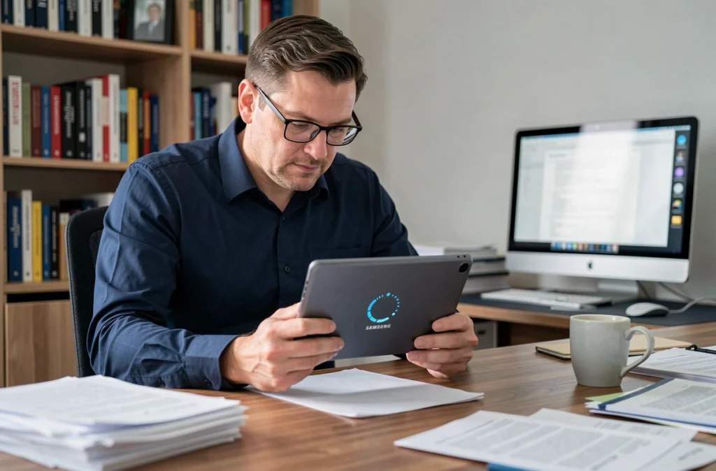 Homme au bureau tenant une tablette Samsung avec un écran qui rame, suggérant la nécessité d'effectuer une réinitialisation de l'appareil