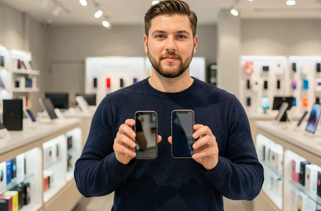 Homme comparant deux modèles d'iPhone côte à côte dans un magasin d'électronique avant achat