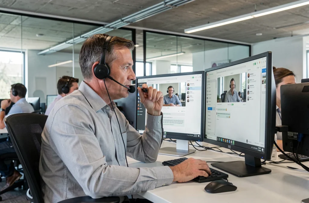 Homme en entreprise utilisant un logiciel de communication en ligne avec casque audio dans un open space professionnel