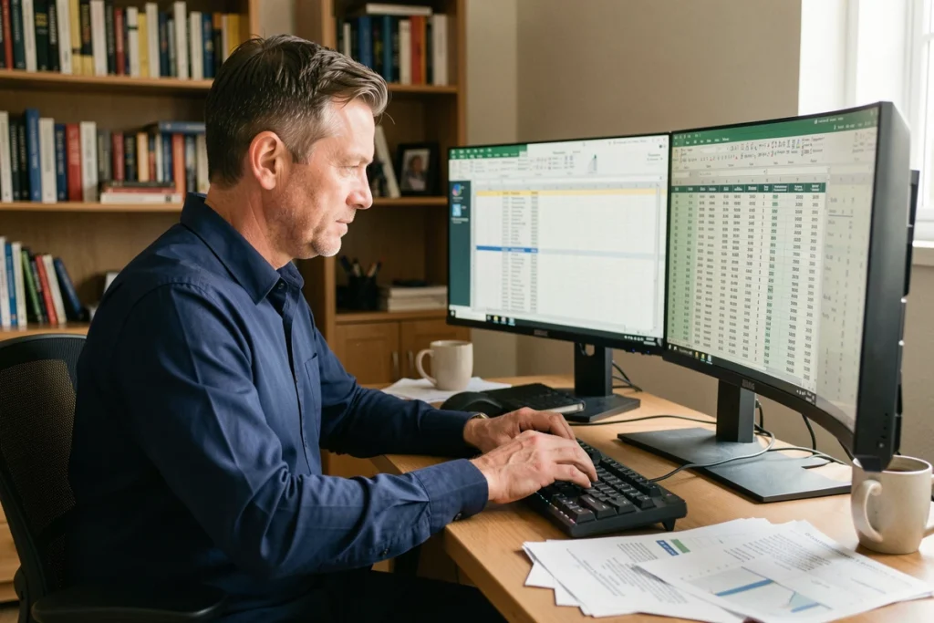 Homme travaillant sur un fichier Excel volumineux avec raccourcis clavier pour transposer des données dans un bureau à domicile