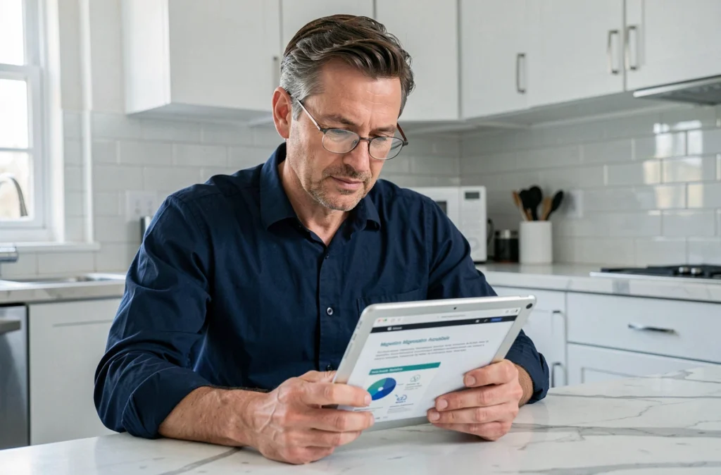 Homme d'âge mûr lisant un guide de migration de portail web sur une tablette dans une cuisine moderne