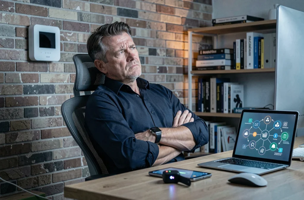 Homme entouré d'objets connectés dans un bureau à domicile, symbolisant la multiplication des risques pour la vie privée numérique