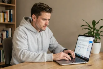 Homme consultant un nouveau portail web sur son ordinateur portable dans un bureau à domicile moderne