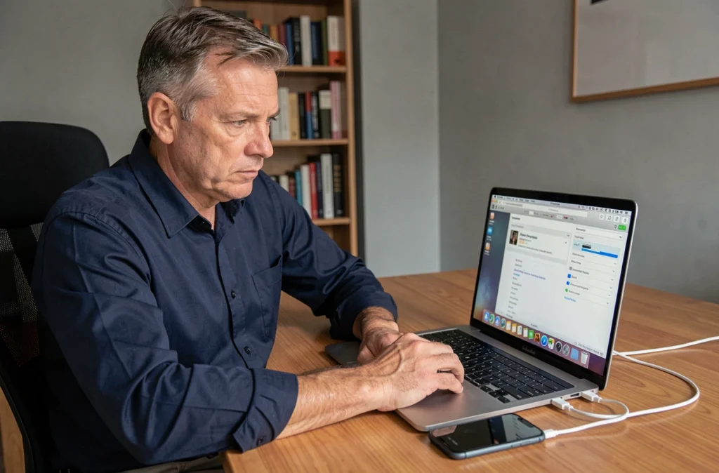 Homme utilisant iTunes sur MacBook pour effectuer une sauvegarde iPhone afin de récupérer des photos perdues