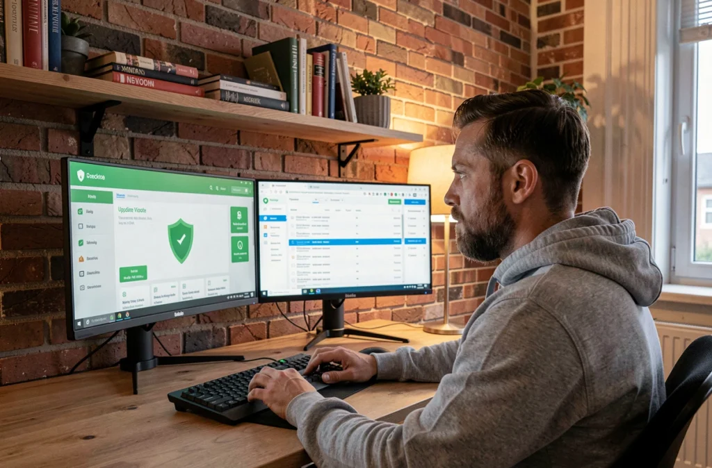 Homme barbu en sweat gris surveillant un tableau de bord de sécurité informatique avec notifications de mises à jour automatiques dans un bureau à domicile