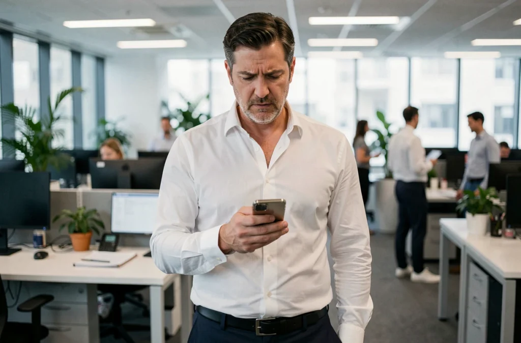 Homme vérifiant la sécurité de ses mots de passe sur smartphone dans un environnement de bureau professionnel