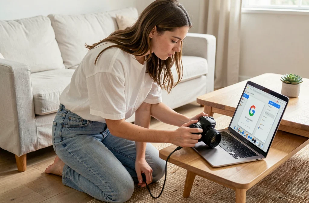 Jeune femme important des photos depuis un appareil photo vers Google Photos sur laptop dans un salon scandinave