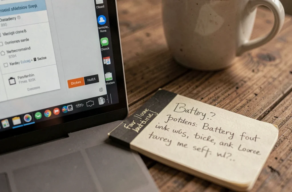 Gros plan sur les indicateurs de batterie d'un ordinateur portable et notes manuscrites sur l'autonomie
