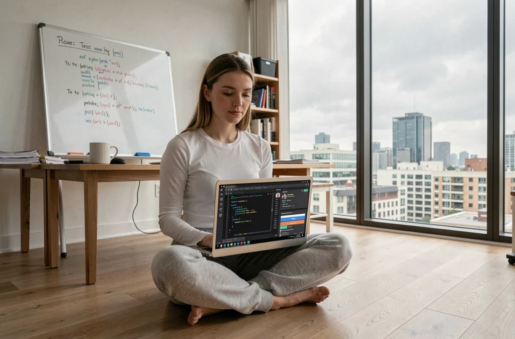 Ingénieure logiciel travaillant avec un assistant de programmation IA en télétravail depuis son bureau à domicile minimaliste