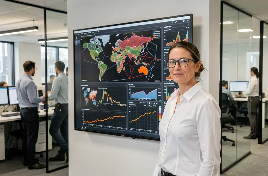 Ingénieure en sécurité informatique devant un tableau de bord de menaces zero day dans un centre opérationnel de cybersécurité