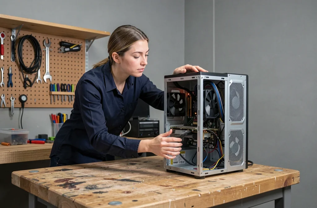 Femme inspectant les composants internes d'un ordinateur de bureau pour améliorer ses performances au démarrage