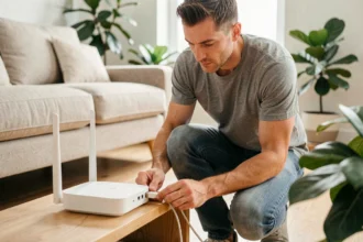 Homme installant un routeur WiFi sur une étagère en bois dans un salon moderne