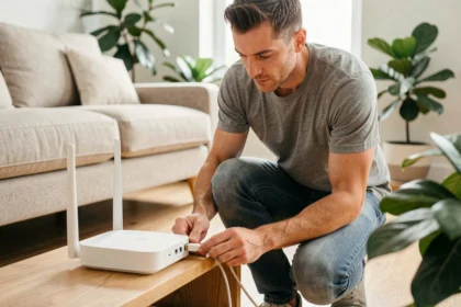 Homme installant un routeur WiFi sur une étagère en bois dans un salon moderne