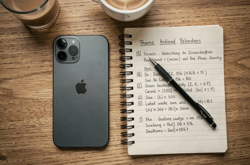 iPhone 16 posé sur une table en bois à côté d'un cahier de notes manuscrites pour comparer les caractéristiques techniques