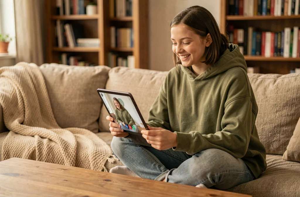 Jeune femme en train d'effectuer un appel vidéo sur tablette depuis son salon, illustrant l'usage personnel des outils de communication en ligne
