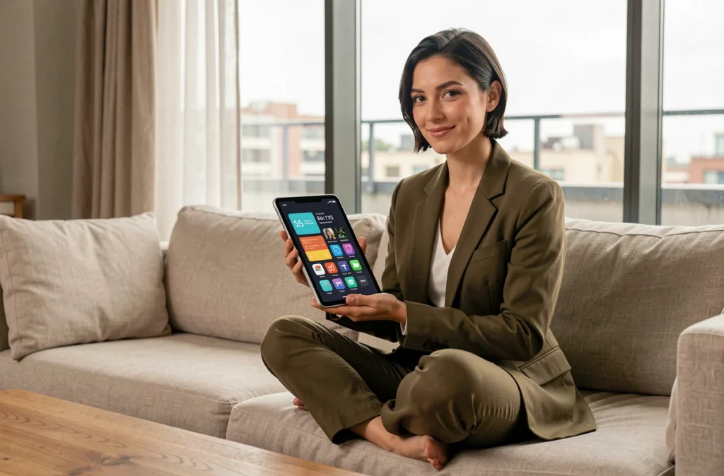 Jeune femme consultant les nouveautés d'un système d'exploitation mobile sur une tablette dans un appartement contemporain