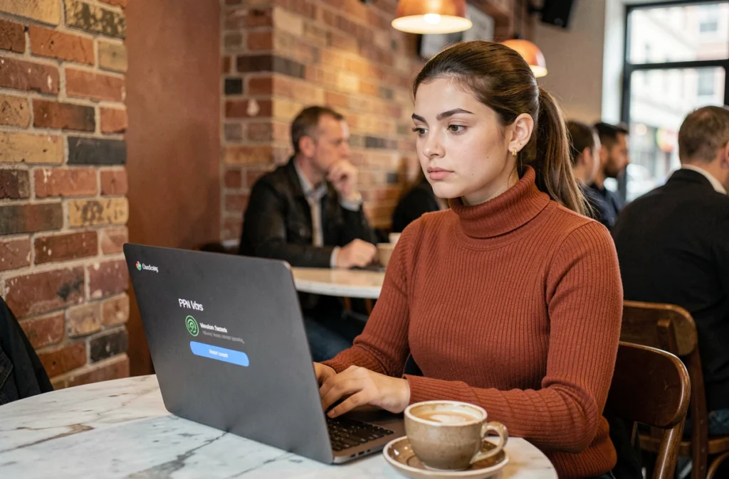 Jeune femme utilisant un VPN sur son ordinateur portable dans un café public pour protéger sa connexion et ses données personnelles