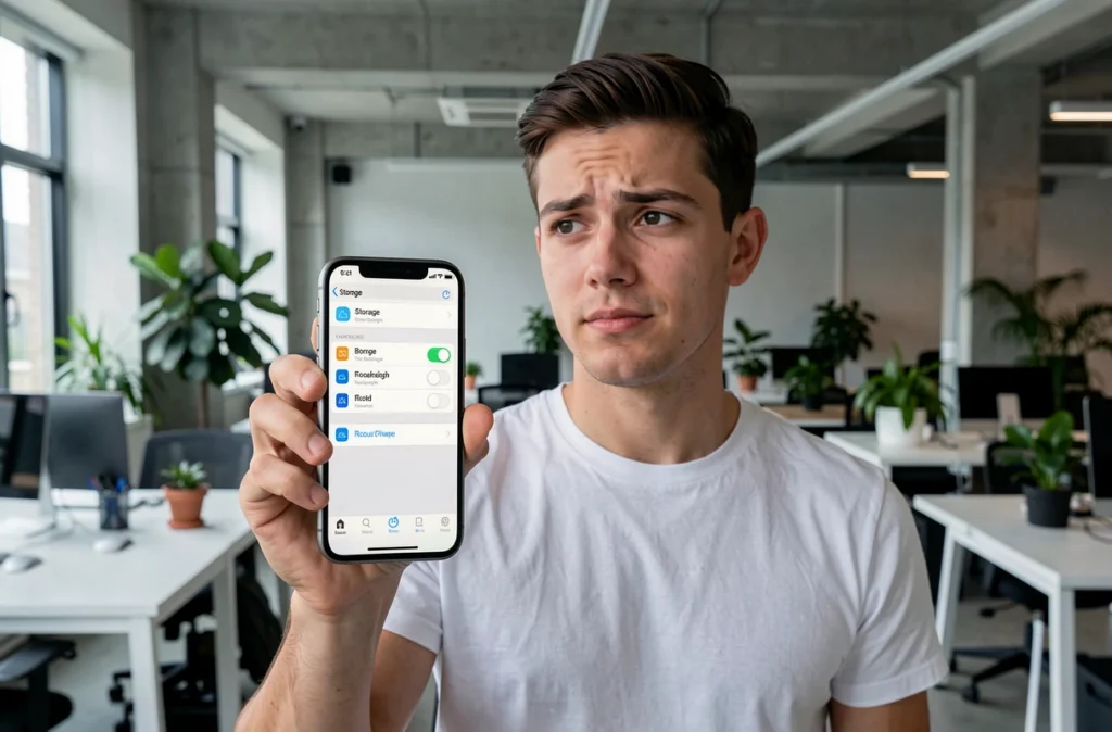 Jeune homme vérifiant les paramètres iCloud sur son iPhone pour activer la sauvegarde automatique et éviter la perte de photos