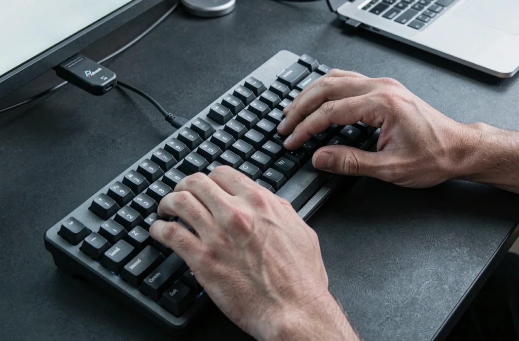 Mains tapant un mot de passe sécurisé sur un clavier mécanique dans un environnement de travail numérique minimaliste