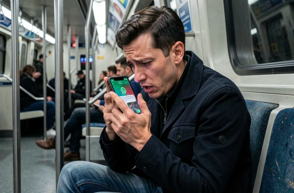 Homme dans le métro essayant d'envoyer un message d'anniversaire oublié sur WhatsApp avec une expression inquiète