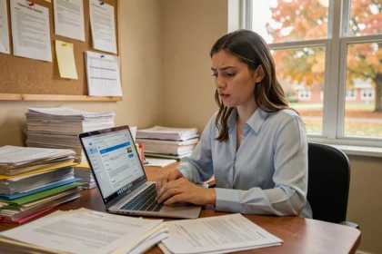 Enseignante consultant sa messagerie académique Versailles sur un ordinateur portable dans un bureau scolaire lors d'un changement d'établissement