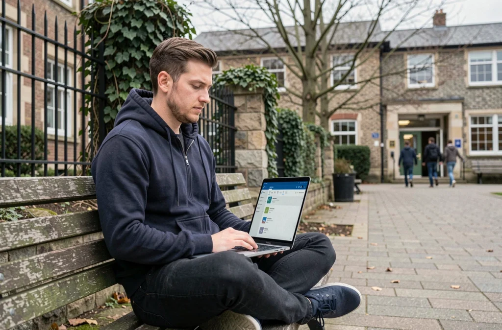 Utilisateur gérant la migration de sa messagerie académique Versailles sur un laptop dans la cour d'une école lors d'un changement d'établissement