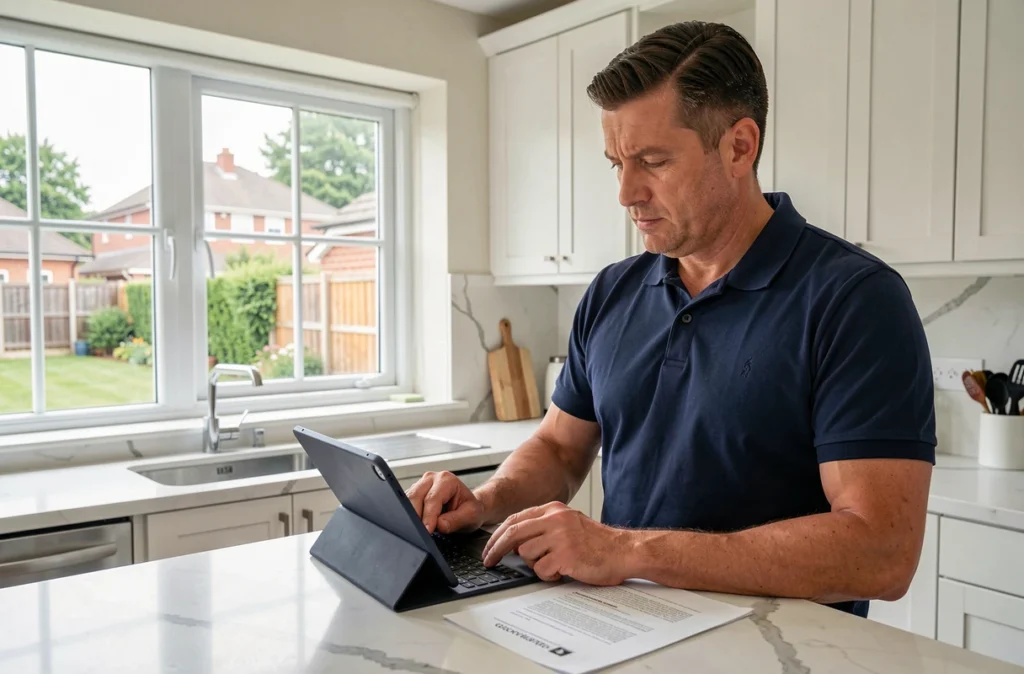 Homme suivant le mode d'emploi d'activation EDocPerso fr sur une tablette dans une cuisine