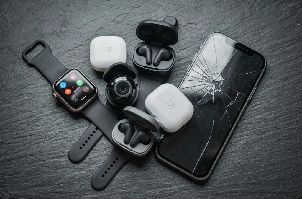 Vue aérienne d'objets connectés entremêlés sur une surface sombre, évoquant la vulnérabilité des données personnelles et les risques pour la vie privée