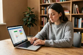 Femme optimisant les paramètres de batterie de son ordinateur portable dans un bureau à domicile