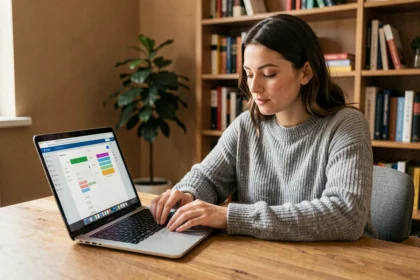 Femme optimisant les paramètres de batterie de son ordinateur portable dans un bureau à domicile