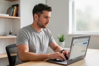 Homme en train d'optimiser les paramètres de démarrage de son ordinateur portable dans un bureau minimaliste