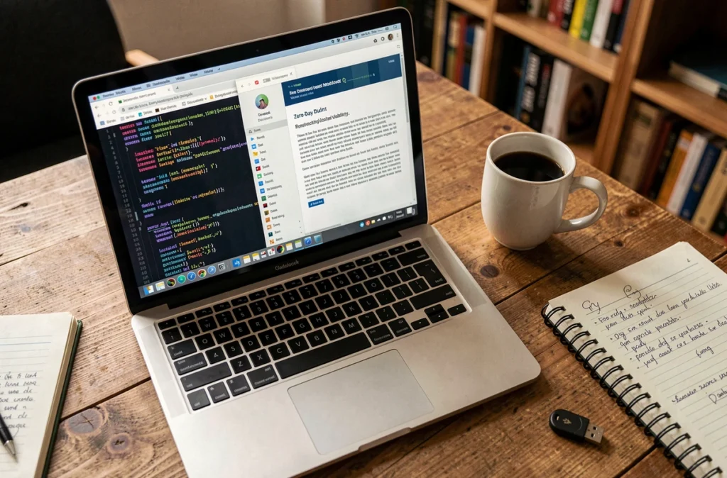 Ordinateur portable affichant du code d'exploitation de faille zero day sur un bureau de home office encombré d'un carnet de notes et d'une clé USB de sécurité