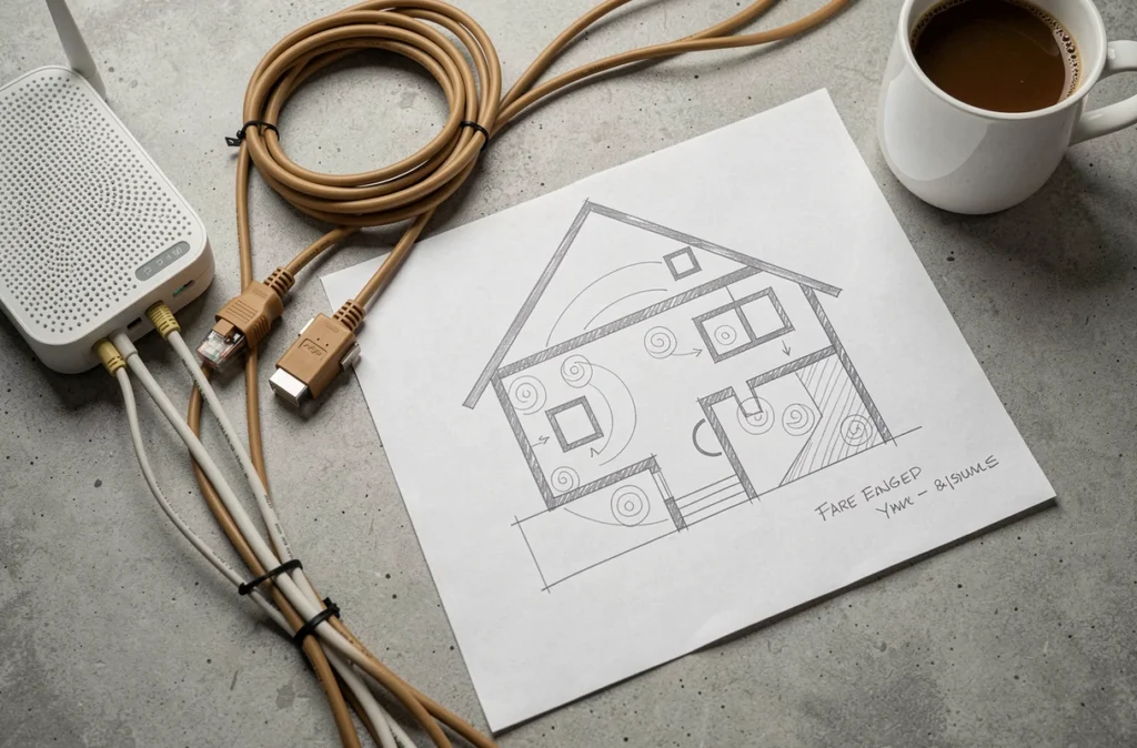 Vue aérienne d'un bureau avec routeur WiFi, câbles réseau et plan de maison pour installation WiFi