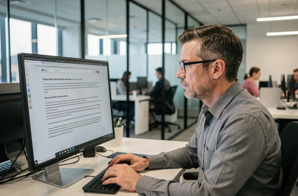 Homme lisant une politique de confidentialité sur un écran d'ordinateur dans un bureau moderne