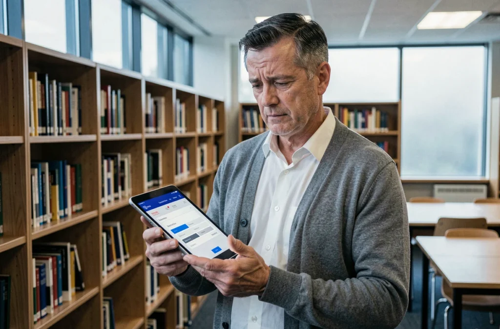 Professeur consultant la webmessagerie Versailles sur une tablette dans une bibliothèque scolaire pendant une transition entre établissements