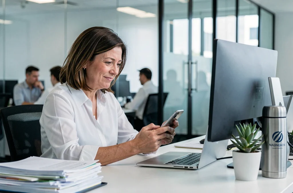 Femme au bureau programmant discrètement un message d'anniversaire oublié sur WhatsApp pendant une pause au travail