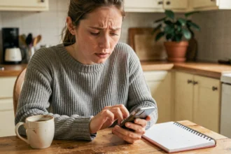 Femme stressée planifiant un message d'anniversaire sur WhatsApp depuis sa cuisine avec un carnet de calendrier ouvert